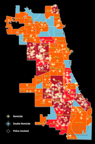 Chicago community area map showing homicides for 2014
